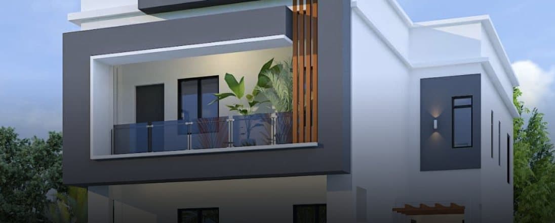Render of a 5-bedroom detached duplex with a framed balcony and timber fins