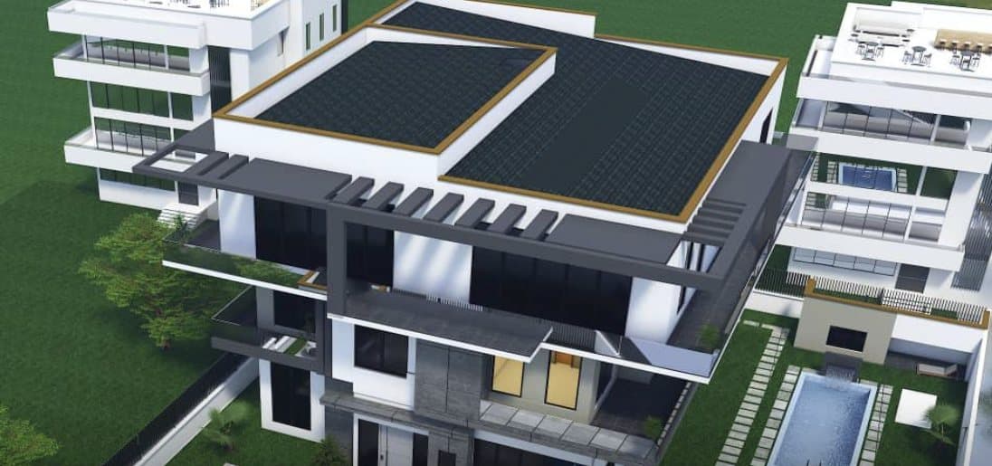 Aerial render of the 7-bedroom duplex, its garden and pool
