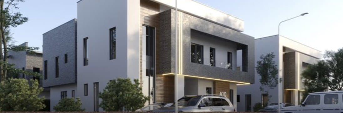 Render of a white and stone 5-bedroom luxury duplex on a tree-lined street