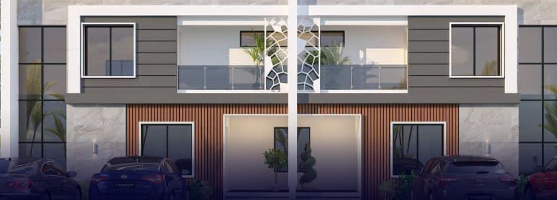 Render of the 3-bedroom semi-detached duplexes with timber cladding