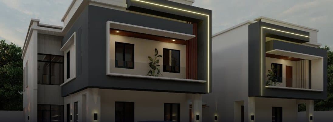 Dusk render of two 4-bedroom town houses with lit facade lines