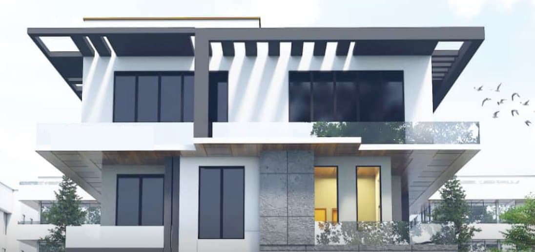 Front render of the 7-bedroom duplex with a pergola roof