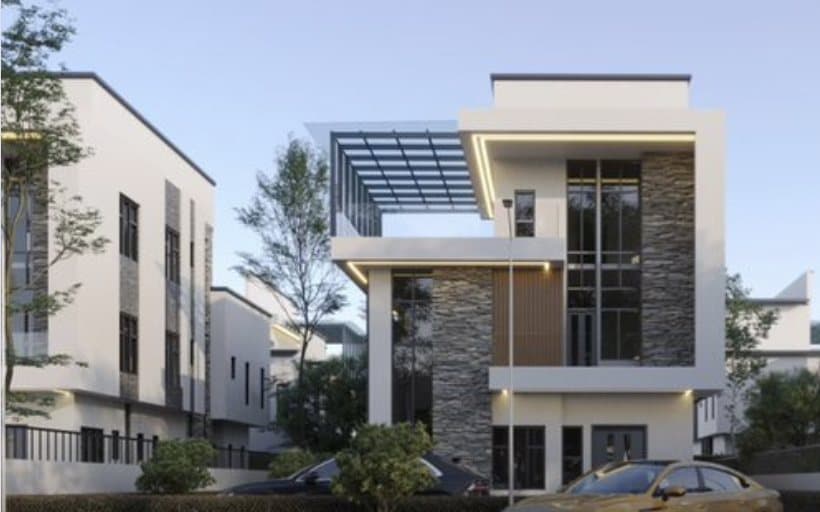 Render of the 450 m² pent floor duplex with a glass pergola