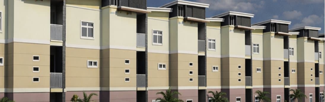 Render of the Jasmine terrace duplexes along a street